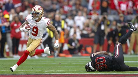 Skyy Moore 49ers kickoff return 98 yards Arizona 2025 season stats