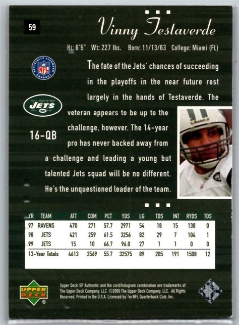 Vinny Testaverde Jets stats year by year table 1998 to 2005